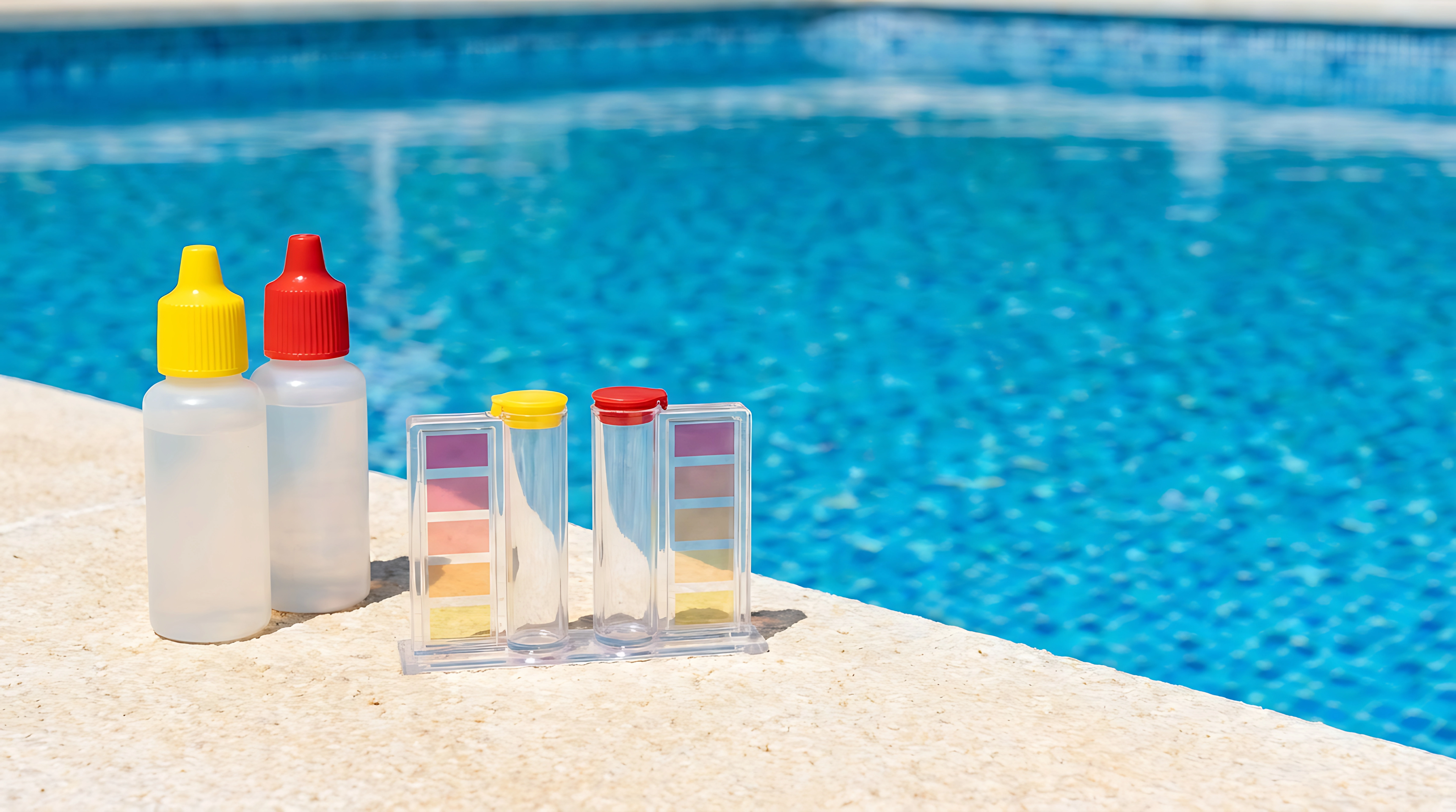 Close-up of pool water chemistry test supplies and treatment tools