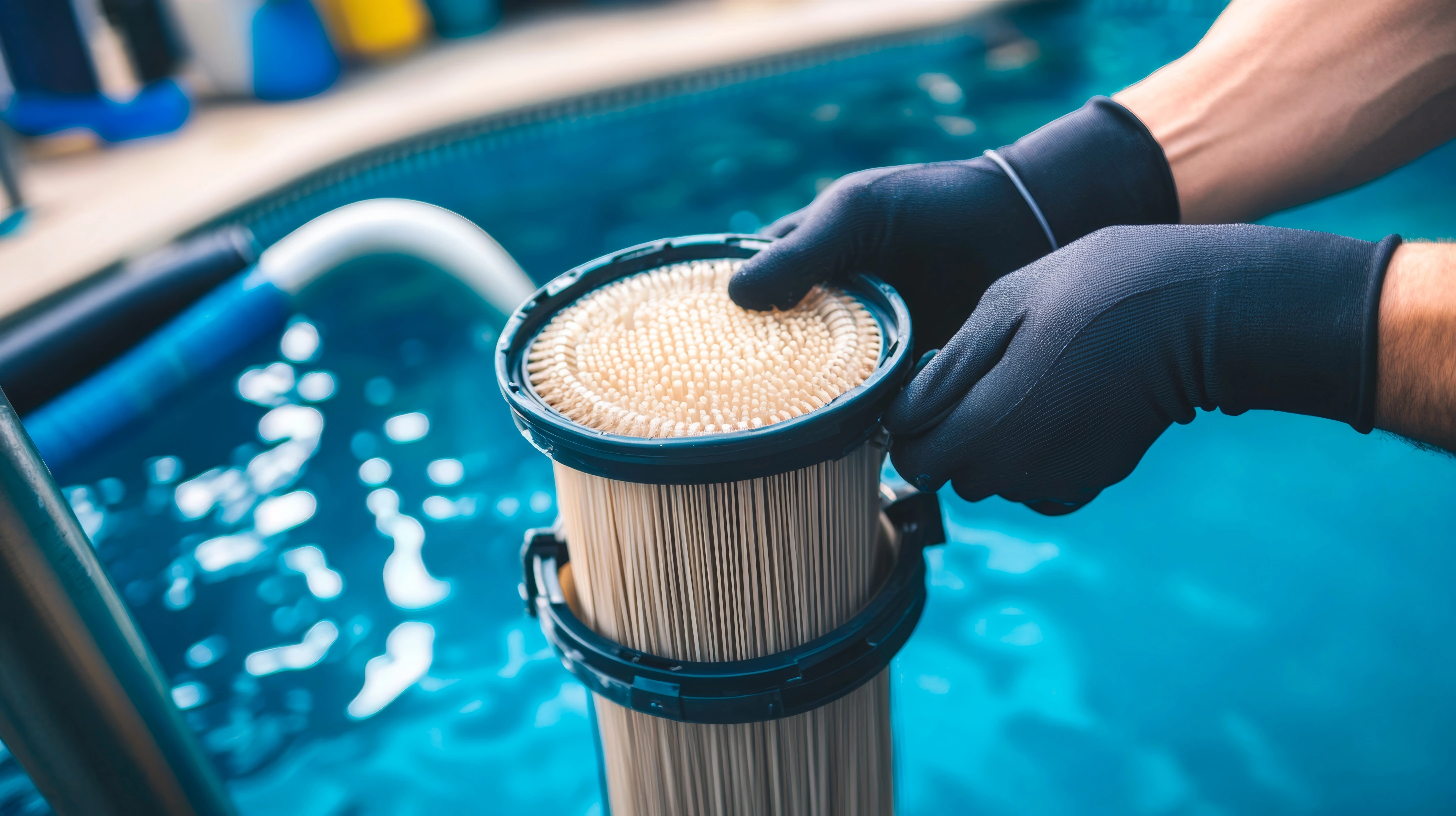 Pool filter system being inspected and cleaned for better water flow